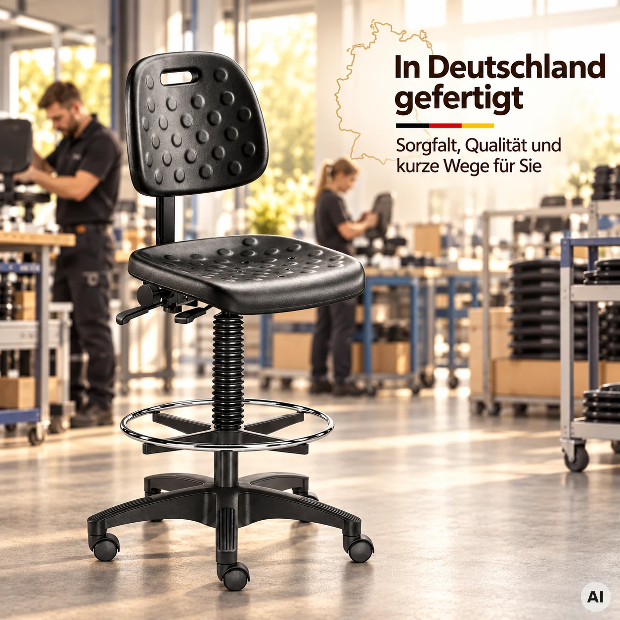 Factory 3 - PU-Arbeitshocker mit Rückenlehne und Fußring